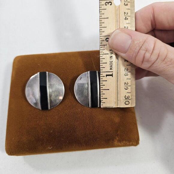 925 Sterling Silver Black Onyx Stud Earrings Statement Round Mid Century Western - Picture 3 of 8